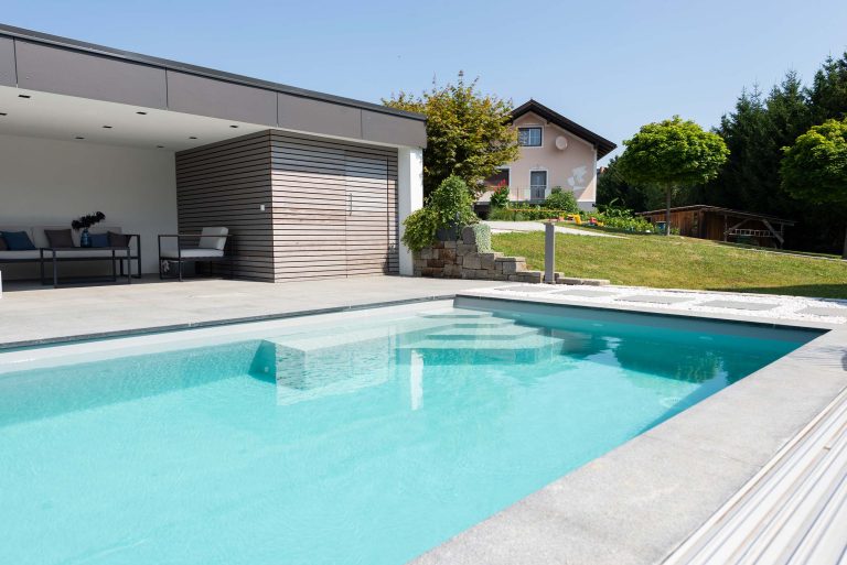 Styroporpool Premium mit Ecktreppe Trapez 4-stufig und Sitzbank